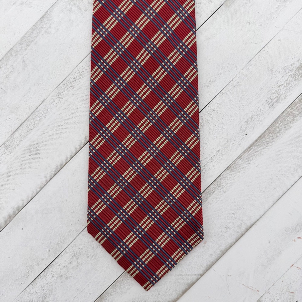 Lauren Ralph Lauren Silk Tie Red Navy Blue Tartan Plaid Mens Vintage 1990's